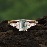 1 Carat Emerald Cut Moss Agate Classic Side Stone Engagement Ring